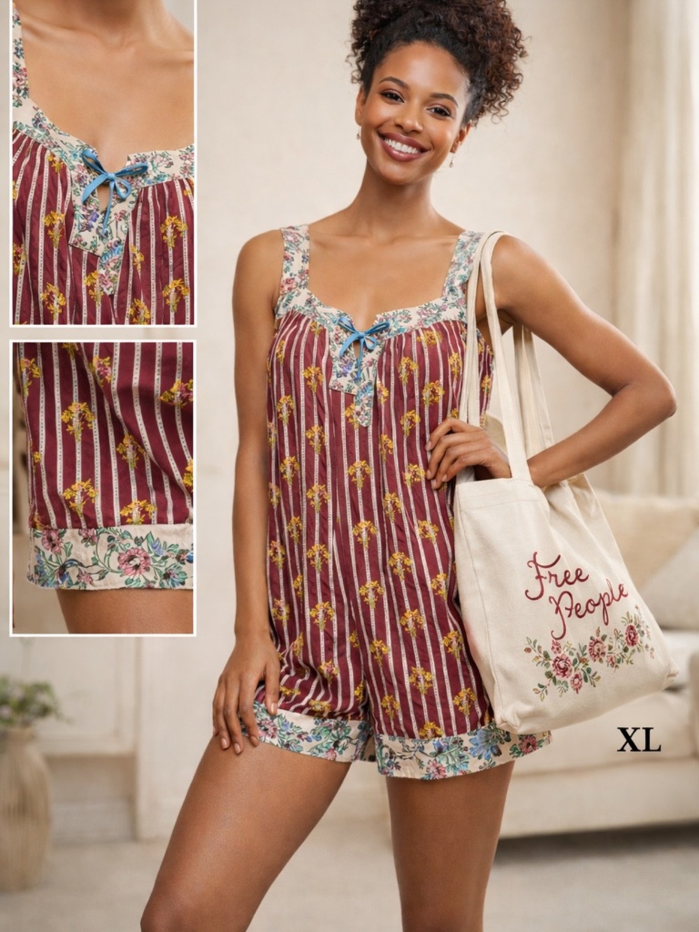 Free People Burgundy Floral-Strip Tank Short Pajama Romper with Blue Bow